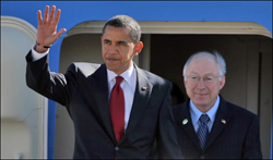 President Obama, followed by Interior Secretary Ken Salazar, waves upon his arrival at Buckley Air Force Base in Colorado, Feb. 17, 2009. President Obama, followed by Interior Secretary Ken Salazar, waves upon his arrival at Buckley Air Force Base in Colorado, Feb. 17, 2009.