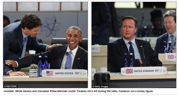 Obama Trudeau Cameron: Picture of President Obama and Prime Minister Trudeau laughing next to a picture of Prime Minister Cameron looking lonely.