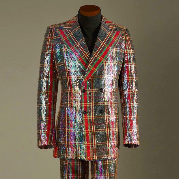 Guy Laroche sequined plaid evening suit, 1972