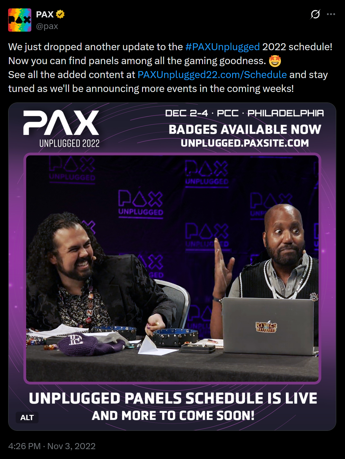 Official PAX post on X/Twitter featuring a picture of me and Eugenio Vargas co-DM'ing the live Rivals of Waterdeep show.