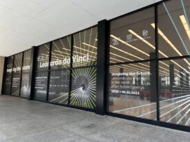 Exterior of the Martin Luther King Jr. Memorial Library showing banners for the da Vinci exhibit.