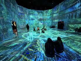 ARTECHOUSE primary exhibition room. Projections on the walls and floor run through a short film.