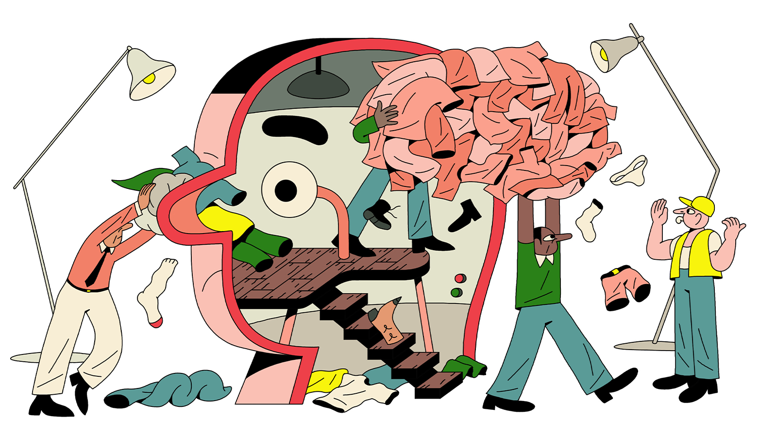 illustration of a person shoving clothes into someone's head, while a pile of clothes vaguely resembling their brain is being taken out by workmen to represent only buying clothes you need and will wear