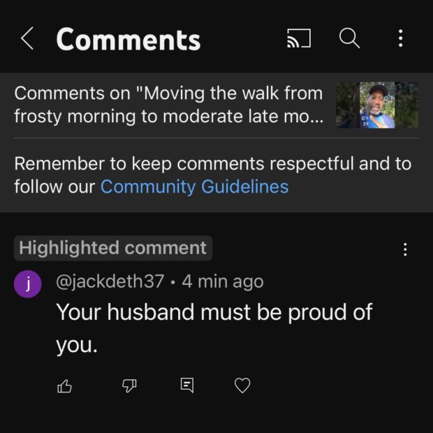 Screenshot of a YouTube comment on a video reading "Your husband must be proud of you."