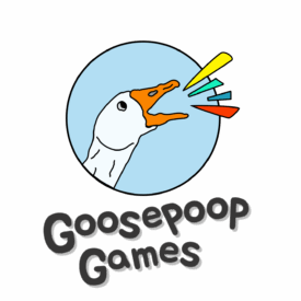 Goosepoop Games logo seen at PAX Unplugged 2025. A drawing of a goose honking against a sky blue circle background. Colored lines are coming out of the goose's mouth to illustrate the honk. Beneath it is the company name: Goosepoop Games.