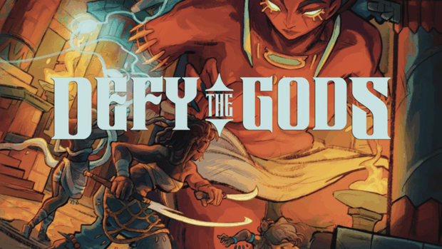 Cover for Defy the Gods seen at PAX Unplugged 2025. An adventure, seen from behind, brandishing twin blades appears to be facing off against a giant humanoid deity.