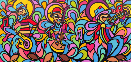 Wall mural in Downtown DC of a three-person musical trio, each playing a saxophone, an upright bass and a trumpet.