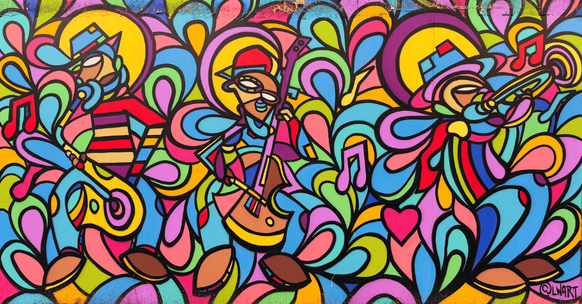 Wall mural in Downtown DC of a three-person musical trio, each playing a saxophone, an upright bass and a trumpet.
