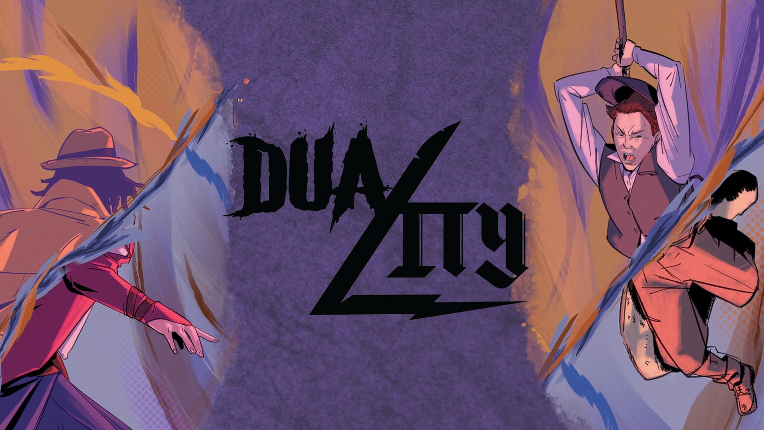 Promo image for the Duality TTRPG Kickstarter featuring the stylized logo in between two characters shown shifting between worlds as they take actions.